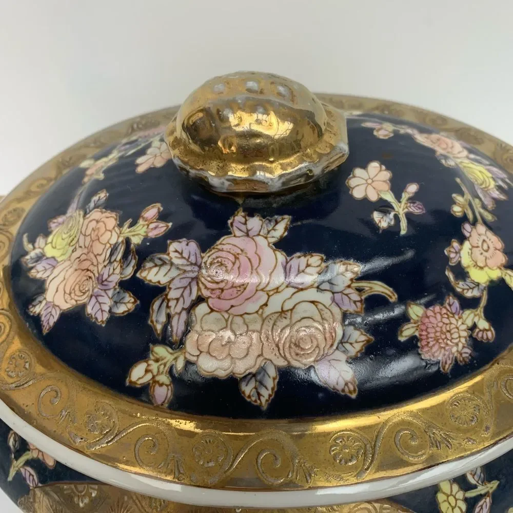 Antique Hand-Painted Porcelain Tureen Chinoiserie Satsuma style Blue Gold Gilt
